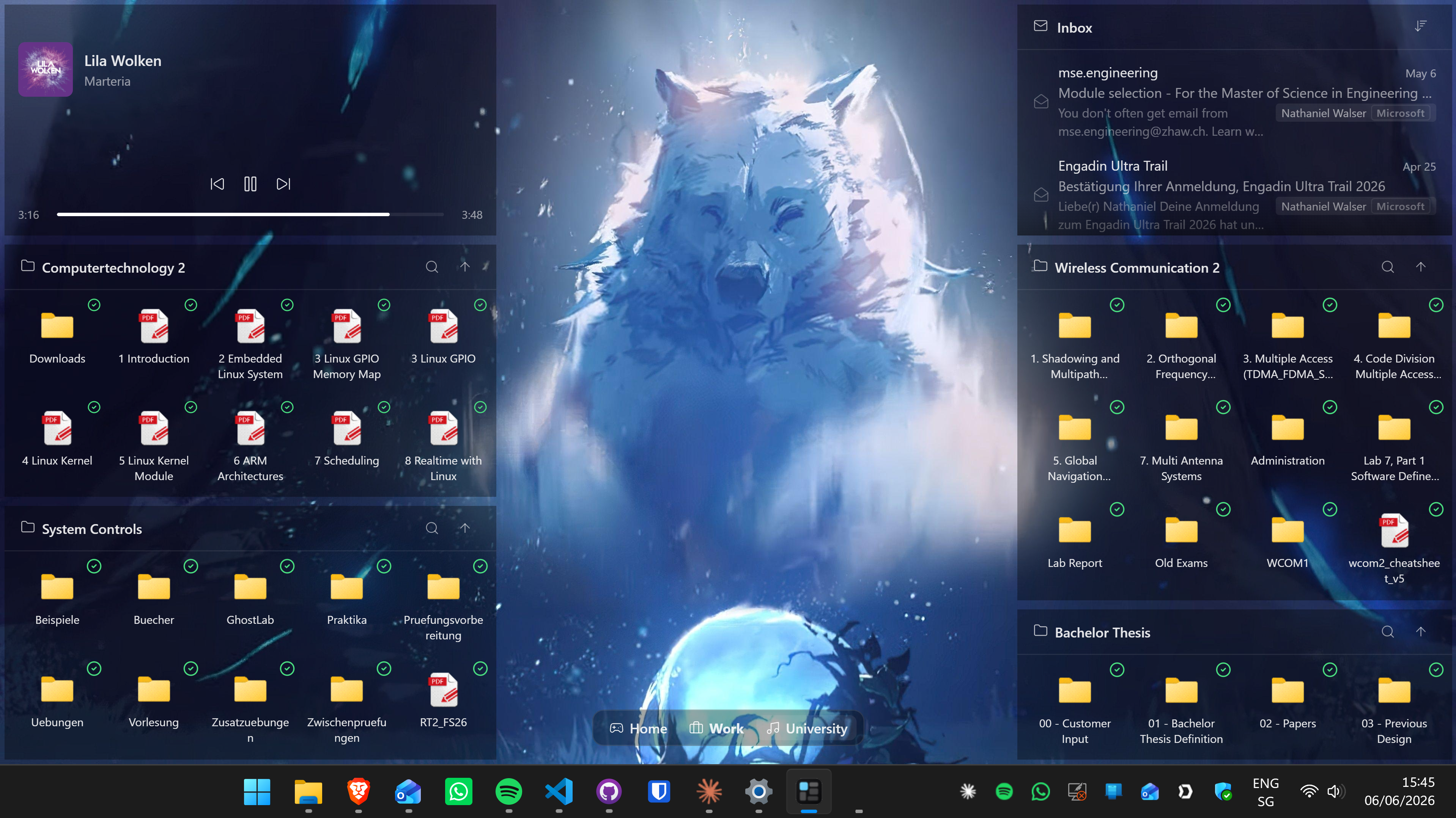 A Windows desktop organized with Themia: folder grids, a music player, an email inbox and to-do widgets arranged over a wolf wallpaper