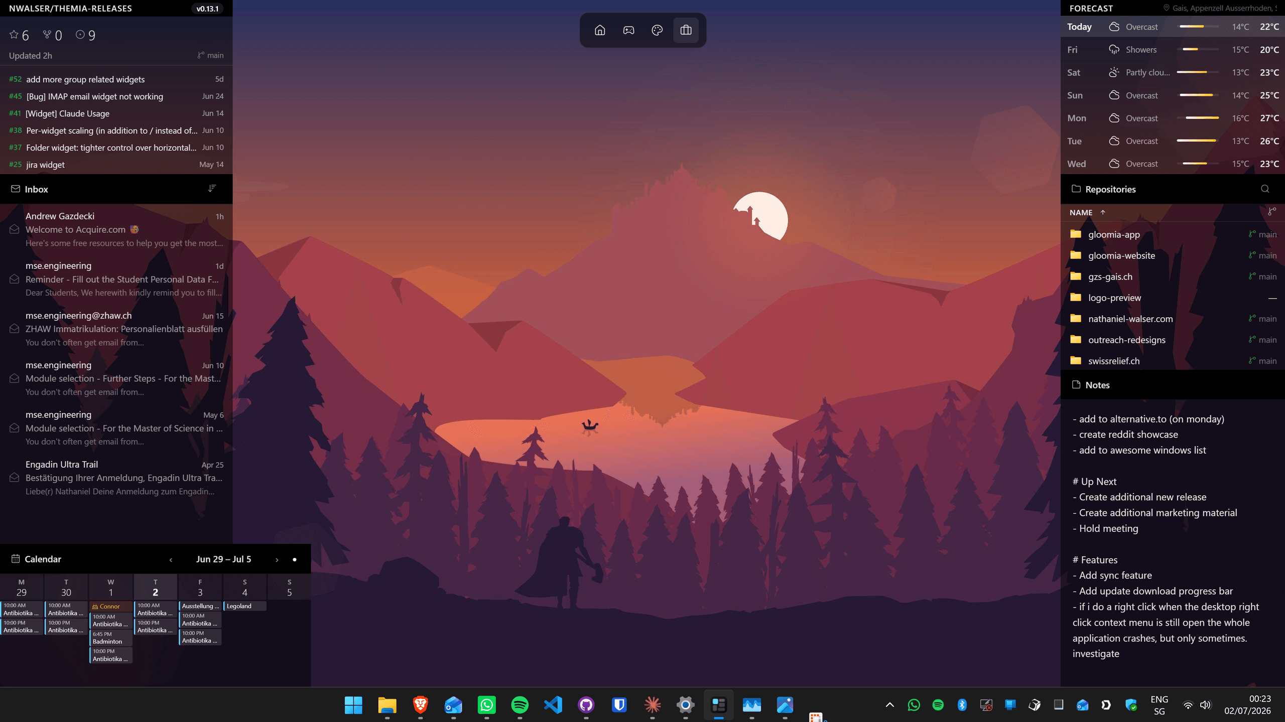 Themia widgets over a warm sunset wallpaper, with the wallpaper showing through the translucent Repositories widget