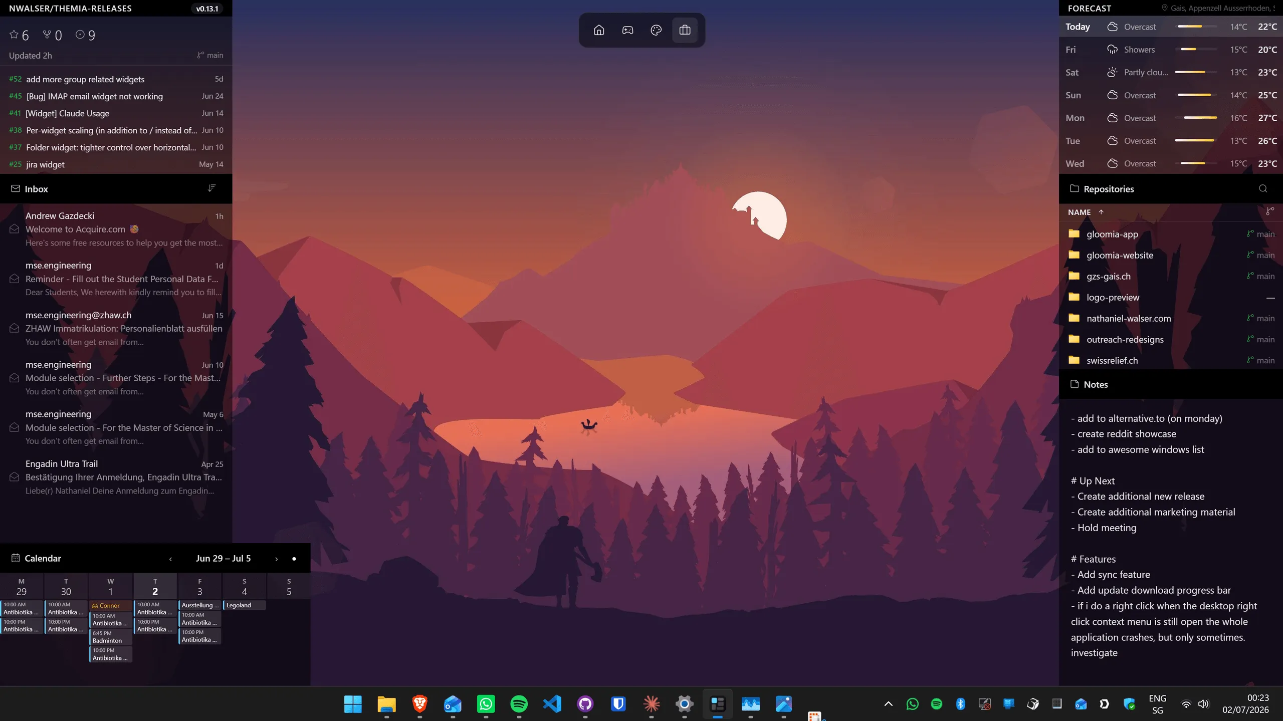 Desktop Windows 11 con più widget Themia tra cui lista delle cose da fare, meteo e file browser