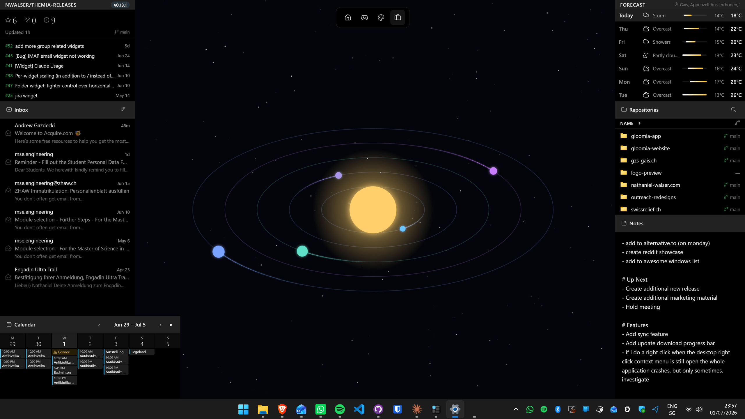 Themia dashboard with email, calendar, weather forecast, repositories and notes widgets on a deep-space wallpaper, each marked with a pointer