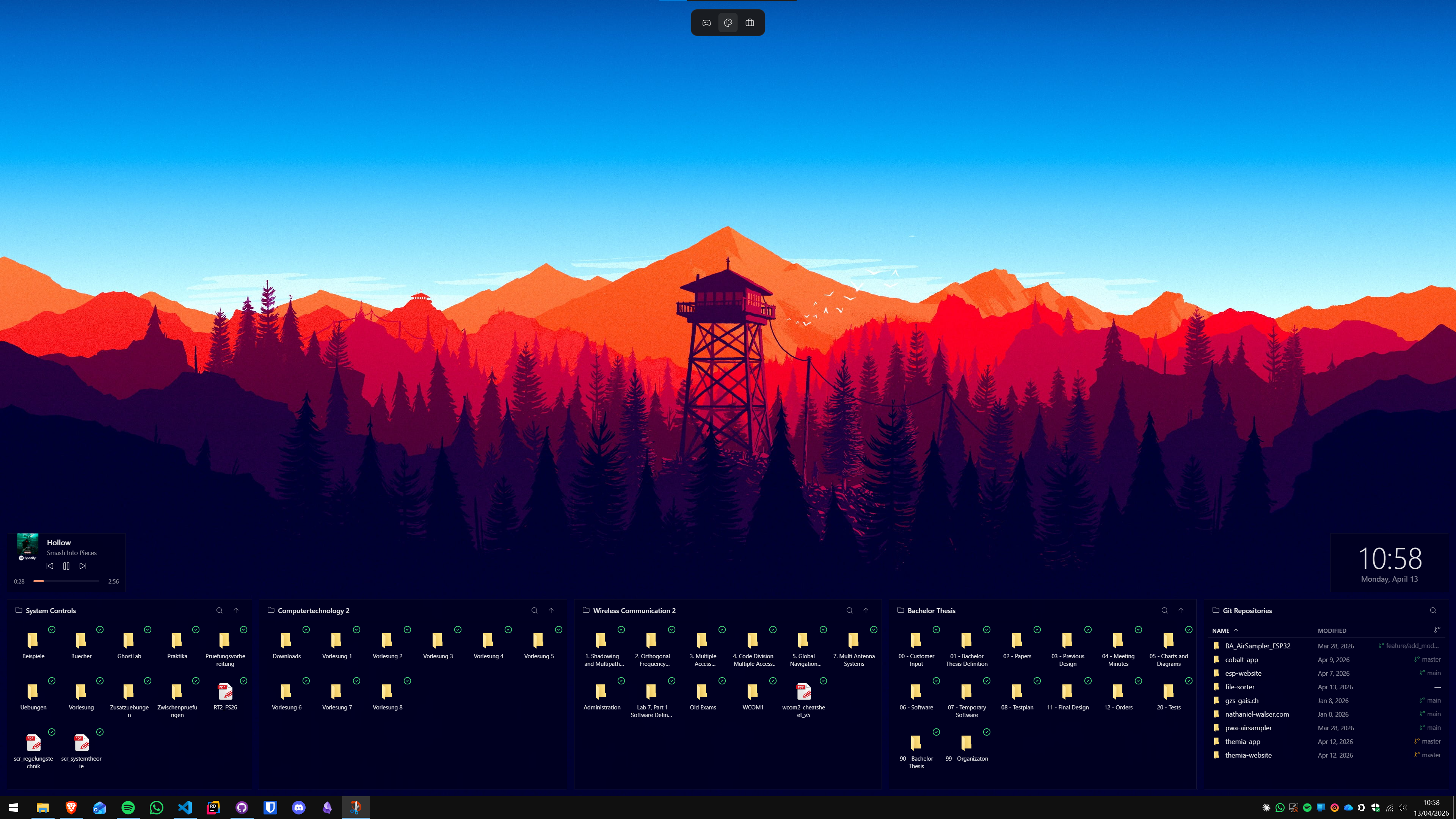 Themia clean widget layout with Firewatch wallpaper