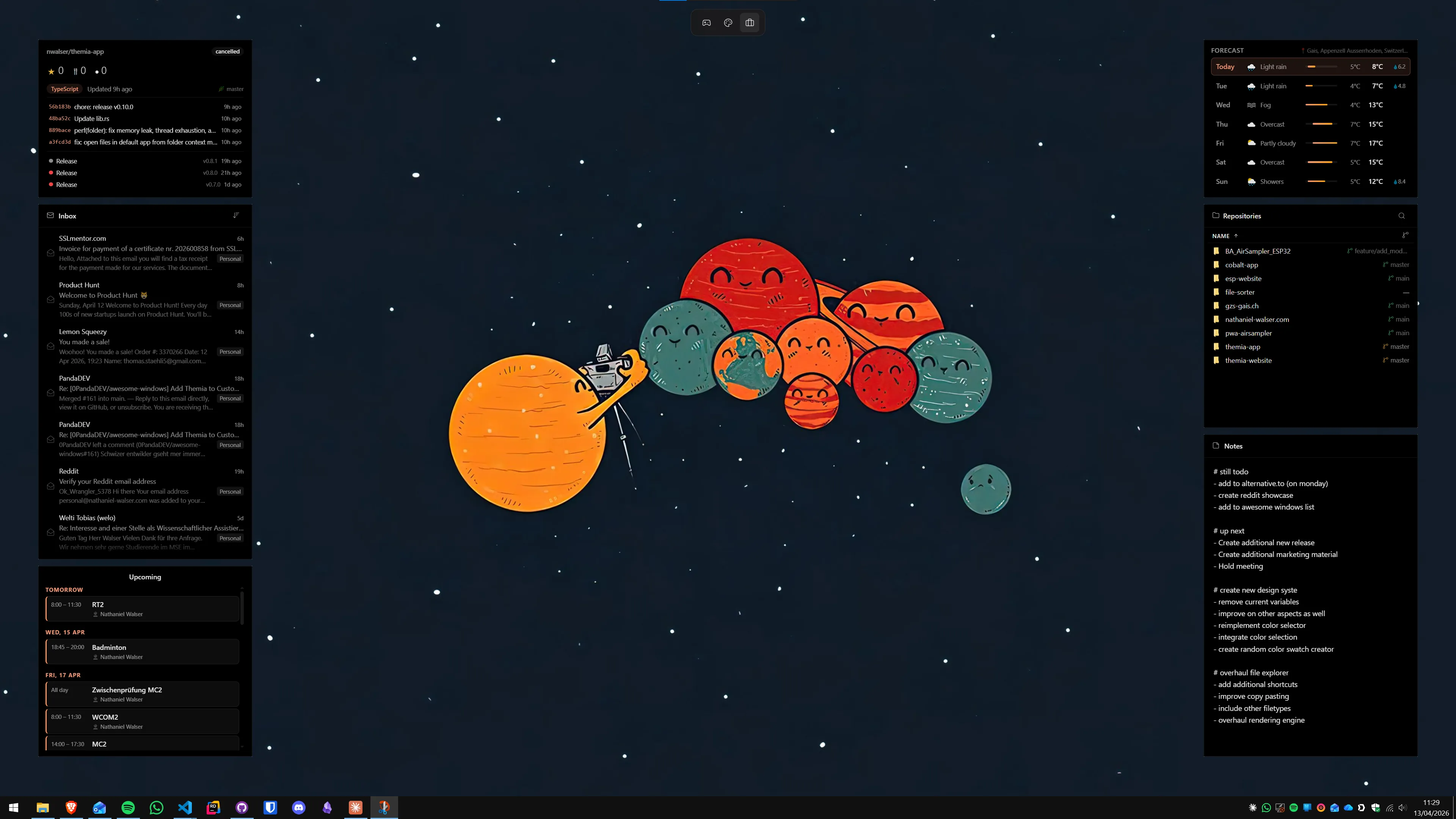 Bureau Windows 11 avec un tableau de bord complet : six widgets Themia répartis sur les deux côtés, centre libre pour le fond d'écran