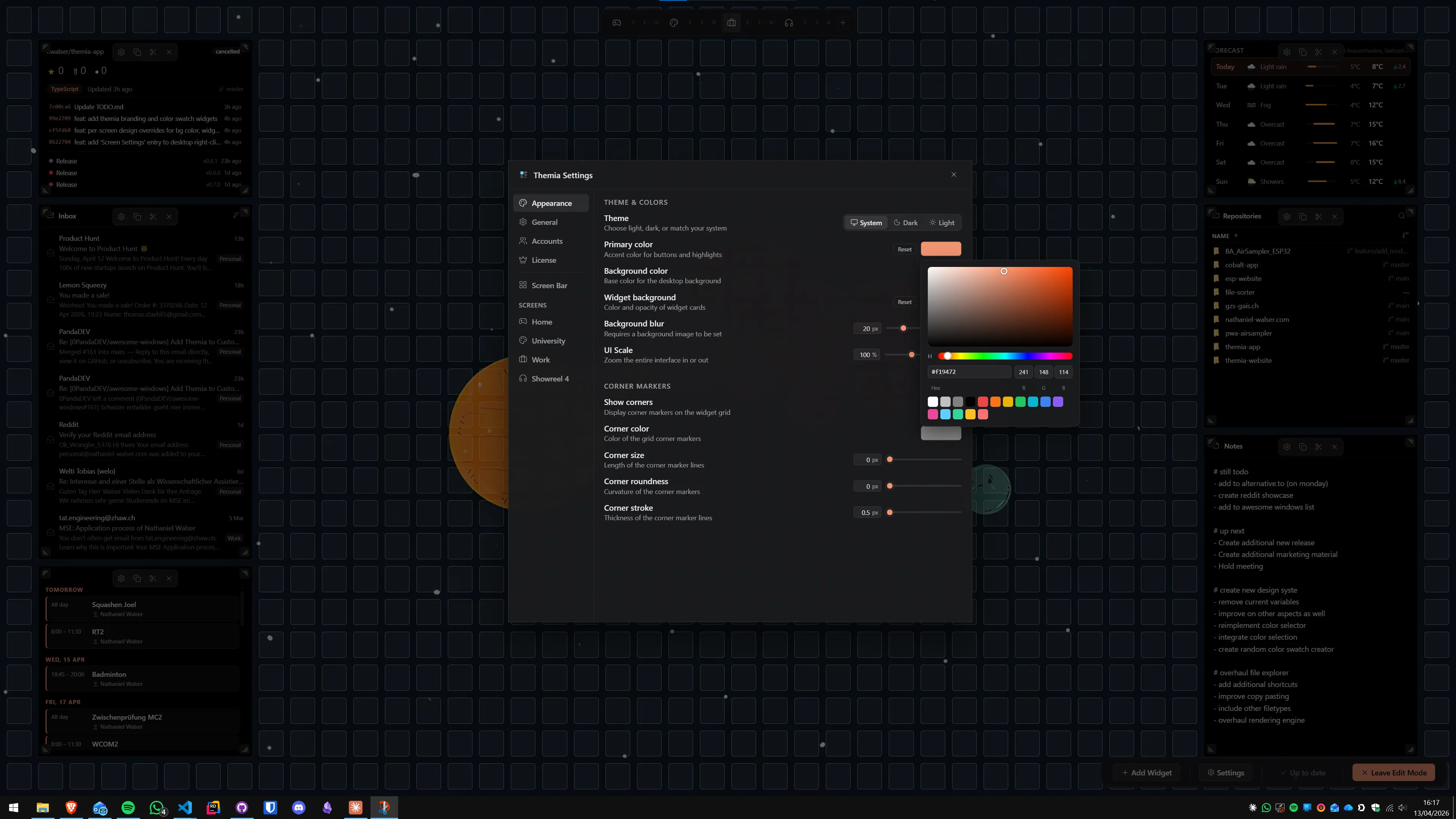 Vista del desktop di Windows con widget meteo di Themia che mostra temperatura e previsioni direttamente sullo sfondo