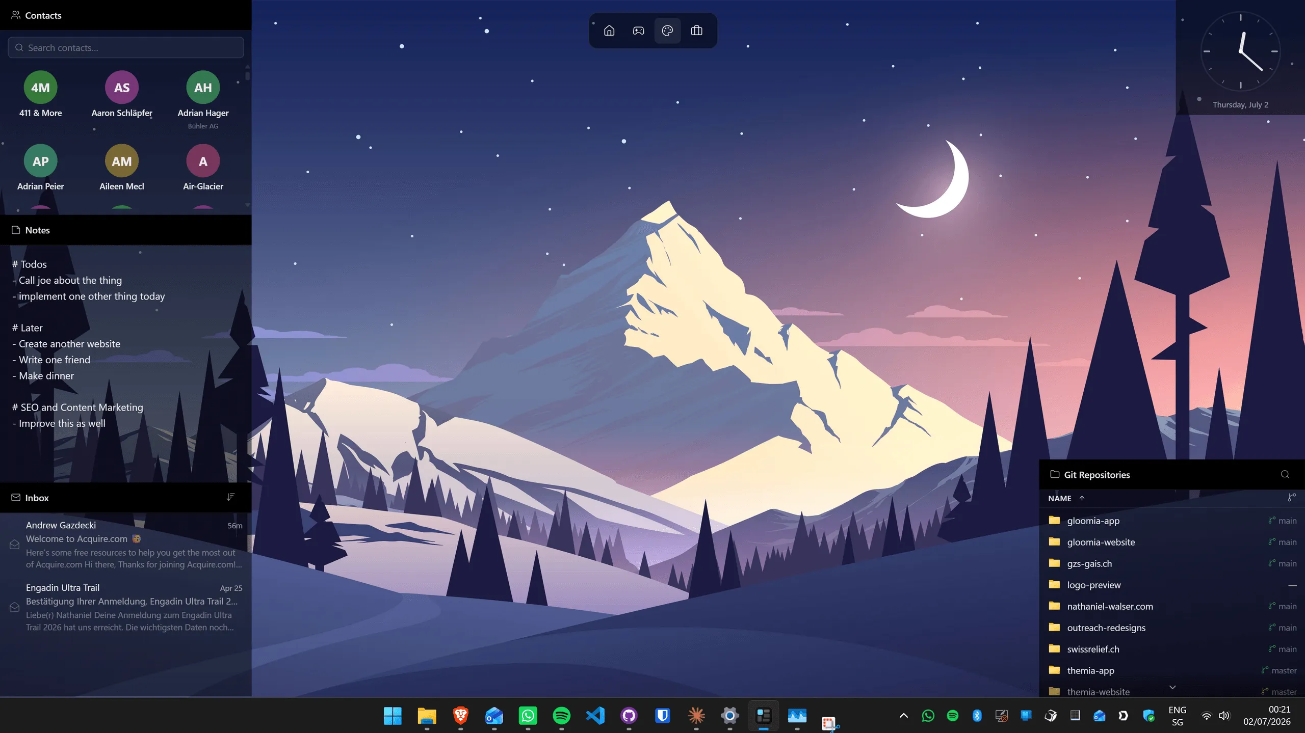 Pannello di configurazione di Themia con selezione di widget disponibili e opzioni di layout del desktop