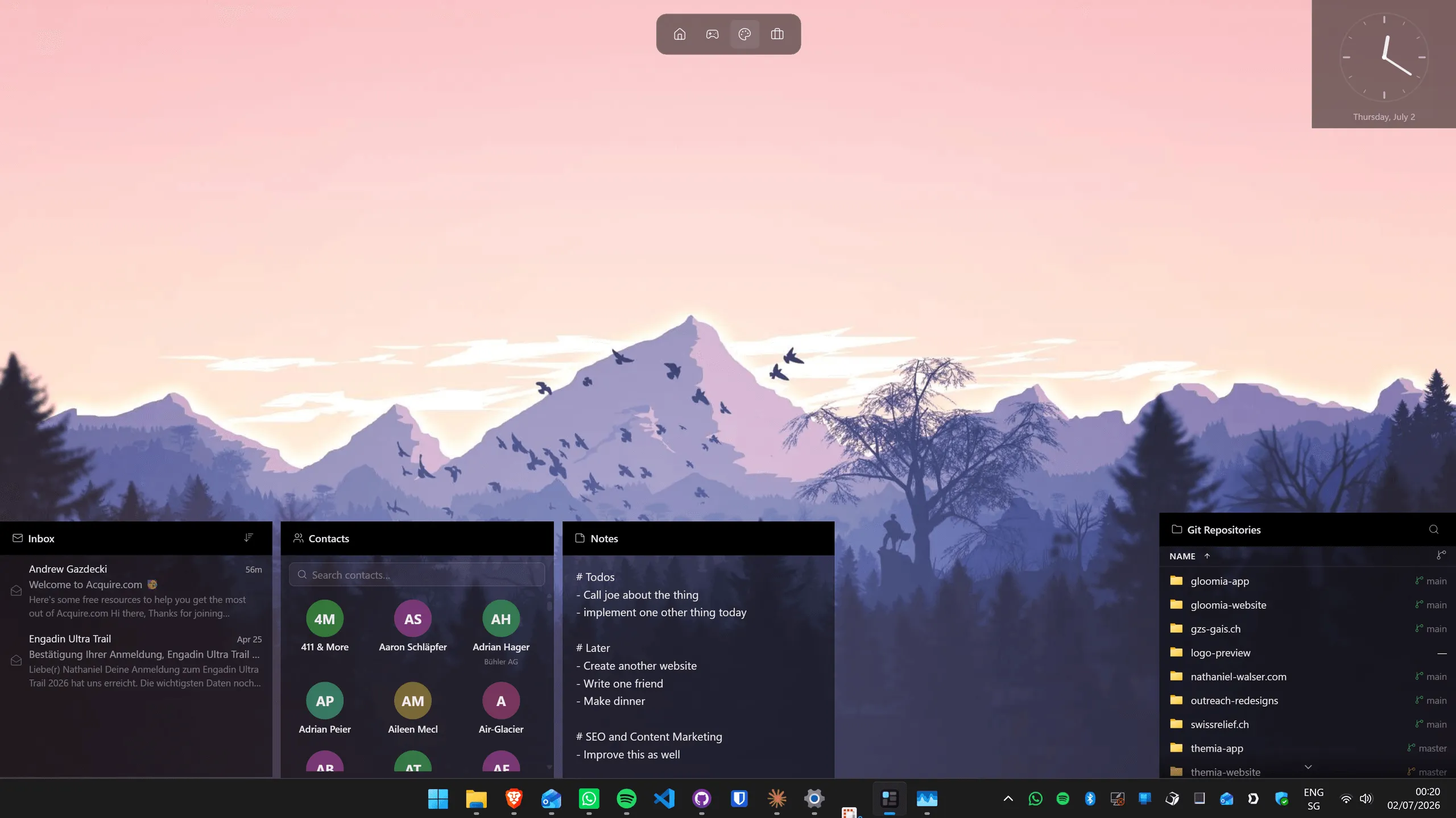 A Windows 11 desktop on a pastel mountain illustration wallpaper with inbox, contacts, notes, clock and repository widgets arranged around the edges