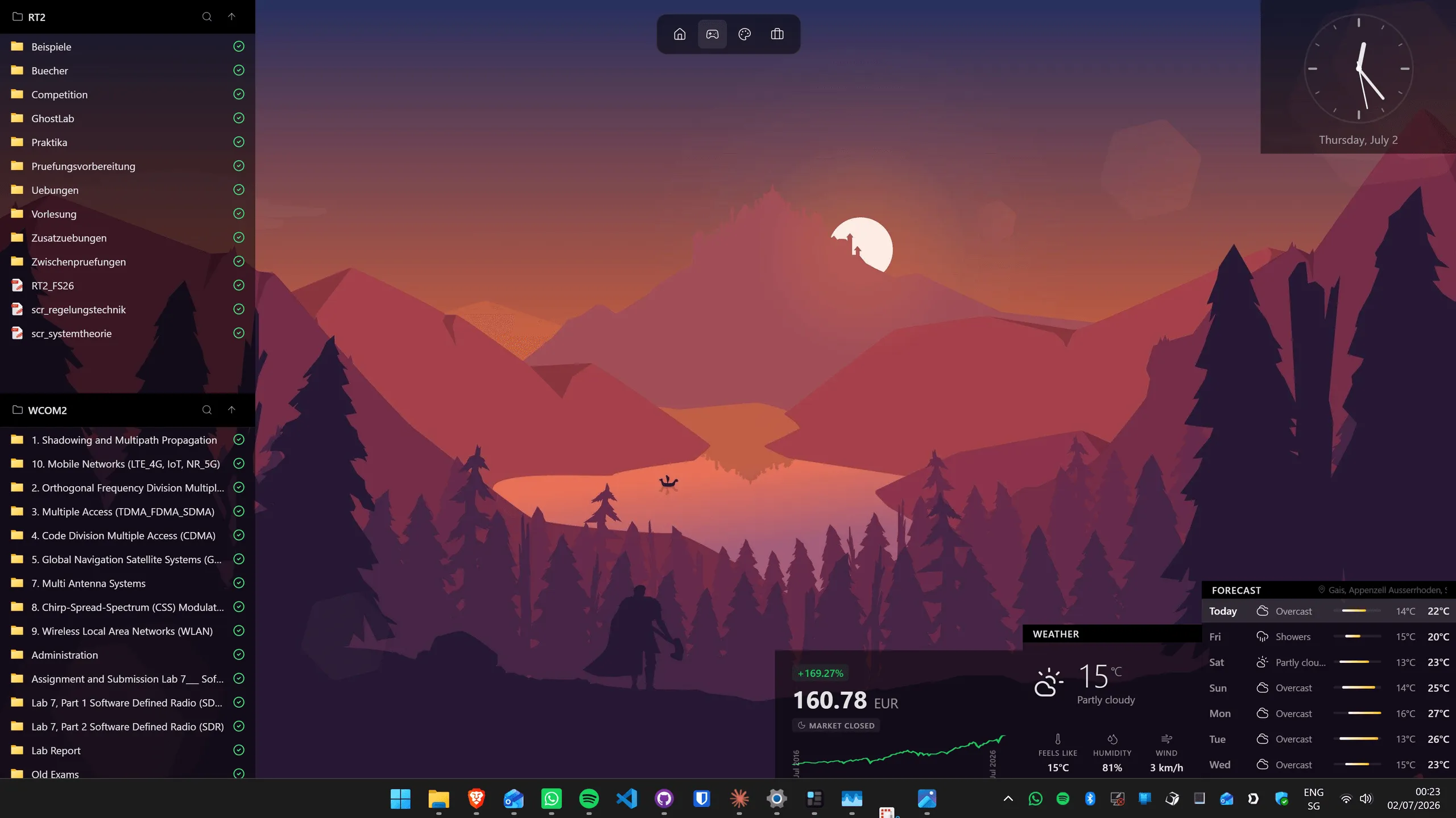Écran de sélection des widgets Themia montrant le widget météo, calendrier et statistiques système disponibles